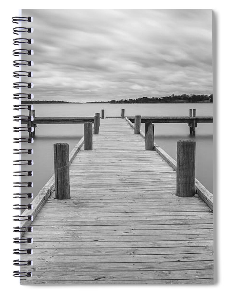 White Rock Spiral Notebook featuring the photograph White Rock Lake Pier Black and White by Robert Bellomy