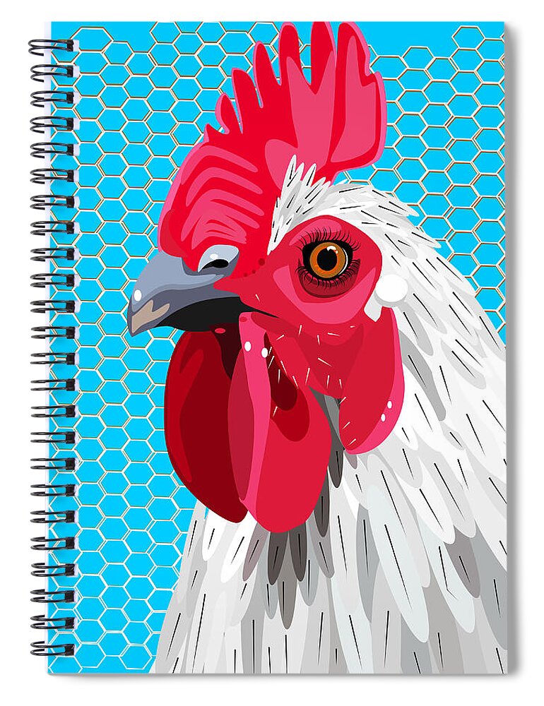 Agriculture Spiral Notebook featuring the digital art White rooster with blue background by Debra Baldwin