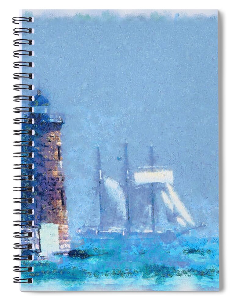 #jefffolger Spiral Notebook featuring the photograph White sail of schooner at Whaleback light by Jeff Folger