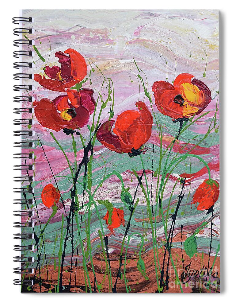 Wild Poppies - Triptych Spiral Notebook featuring the painting Wild Poppies - 1 by Jyotika Shroff