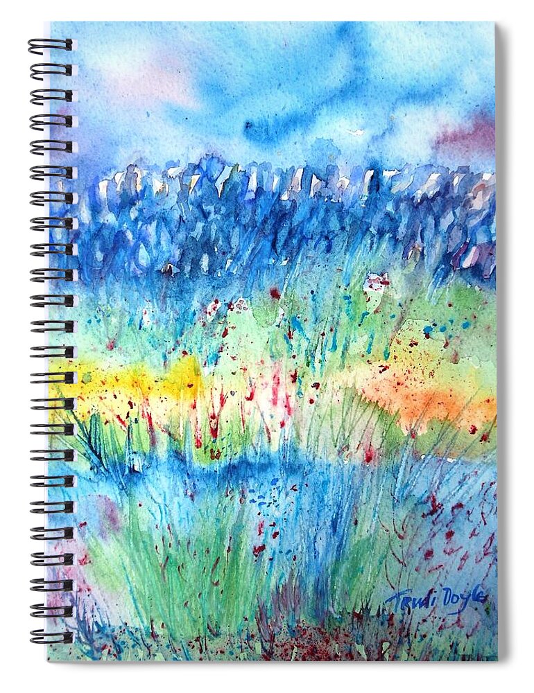  Farmers Fields Spiral Notebook featuring the painting Wildflower meadow and Stone wall Inisheer by Trudi Doyle