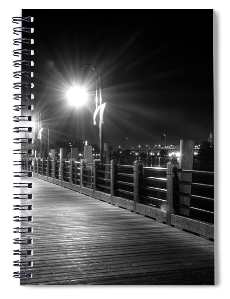 Riverwalk Spiral Notebook featuring the photograph Wilmington Riverwalk At Night in Black and White by Greg and Chrystal Mimbs
