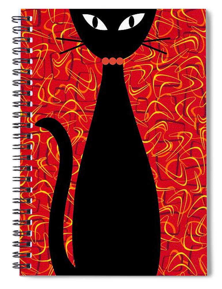 Mid Century Modern Spiral Notebook featuring the digital art Boomerang Cat in Red by Donna Mibus