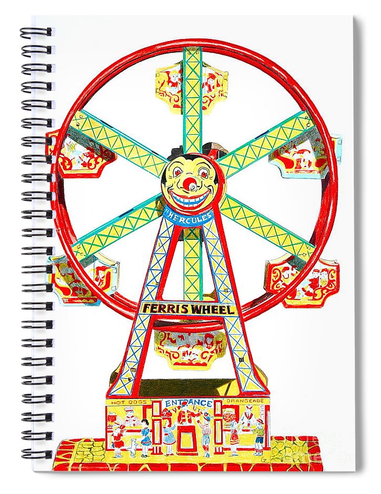 Ferris Wheel Spiral Notebook featuring the drawing Wind-up Ferris Wheel by Glenda Zuckerman