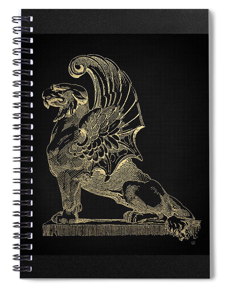'antique-vintage-retro' Collection By Serge Averbukh Spiral Notebook featuring the digital art Winged Chimera from Theater de Bellecour, Lyon, France, in Gold on Black by Serge Averbukh