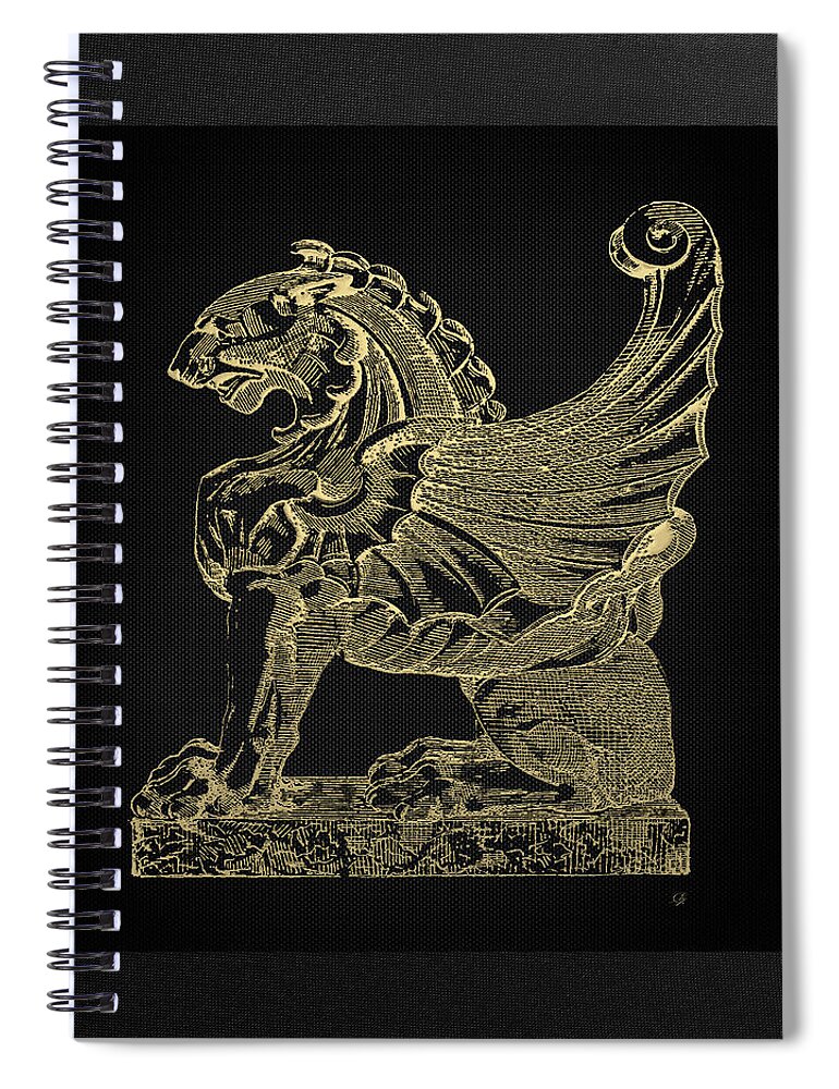 'antique-vintage-retro' Collection By Serge Averbukh Spiral Notebook featuring the digital art Winged Lion Chimera from Casa San Isidora, Santiago, Chile, in Gold on Black by Serge Averbukh