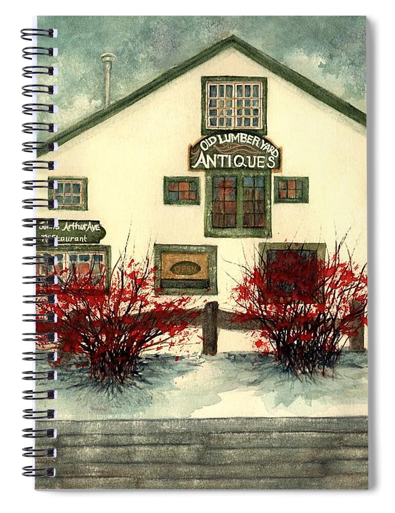 Lumberyard Antiques Spiral Notebook featuring the painting Winter Berries - Old Lumberyard Antiques by Janine Riley