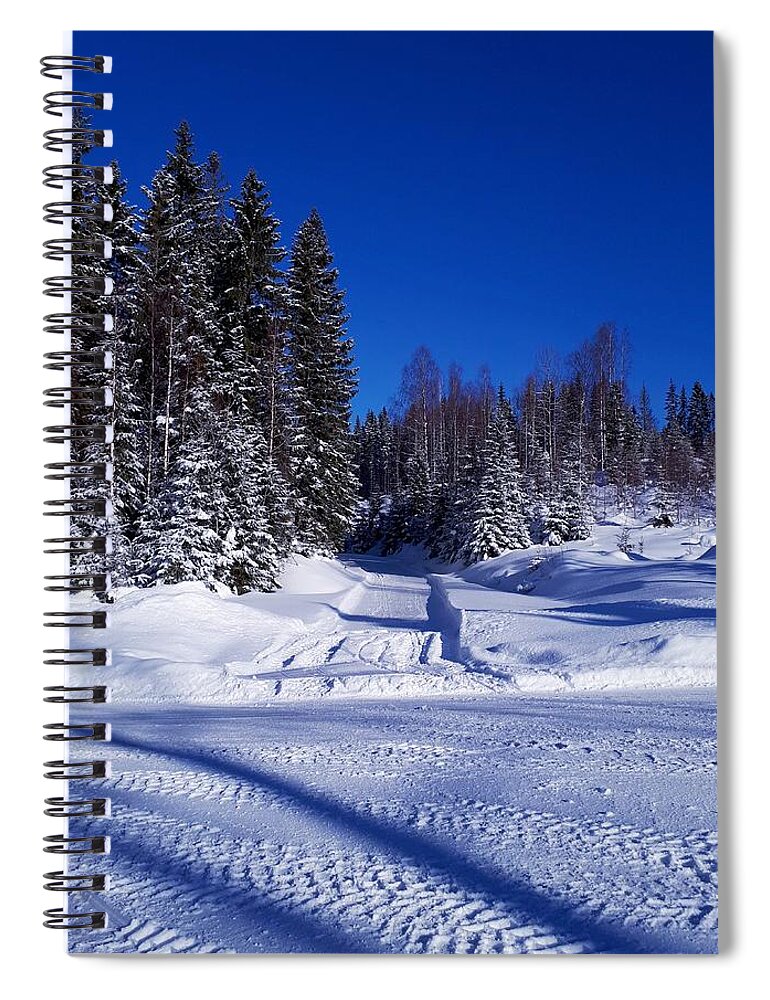 Winter Landscape Countryside Norway Scandinavia Europe Outdoors Nature Landscape Trees View Forrest Woods Countryside Snow Winter Countryroad Snow Blue Sky Trees White Green  Spiral Notebook featuring the digital art Winter day by Jeanette Rode Dybdahl