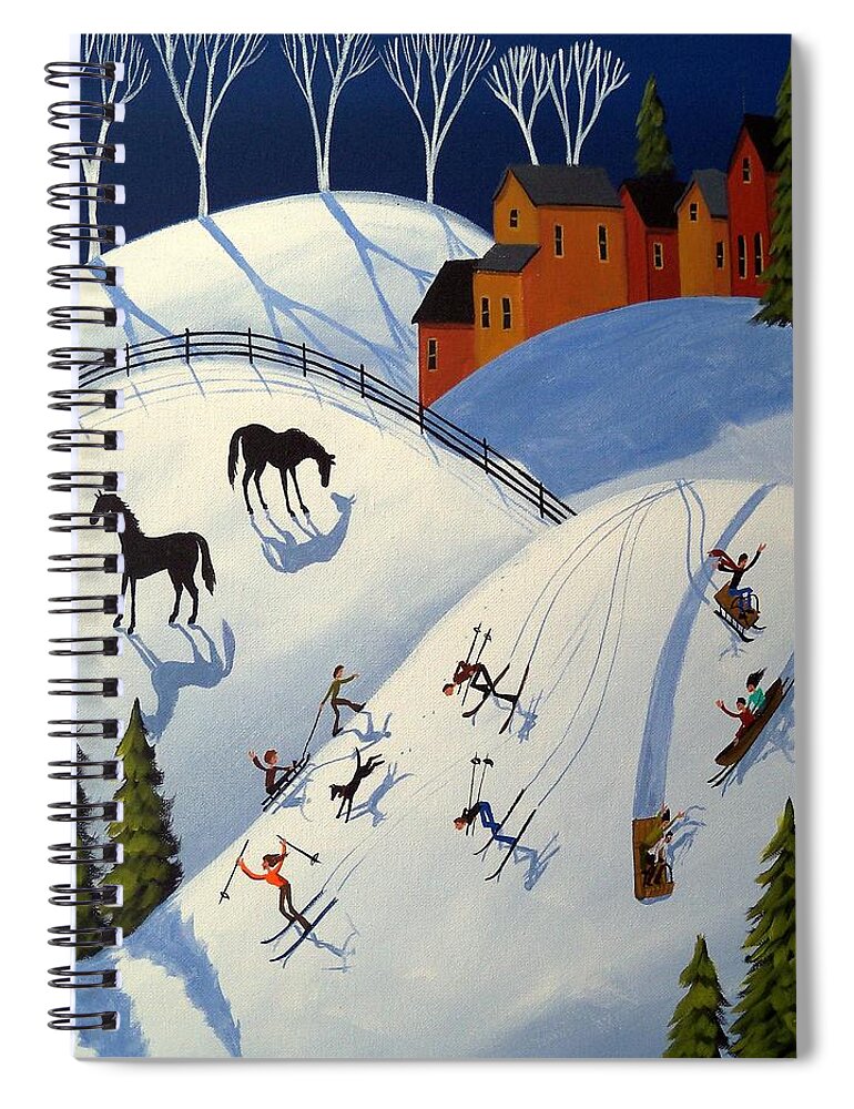 Folk Art Spiral Notebook featuring the painting Winter Fun Day - folk art landscape by Debbie Criswell
