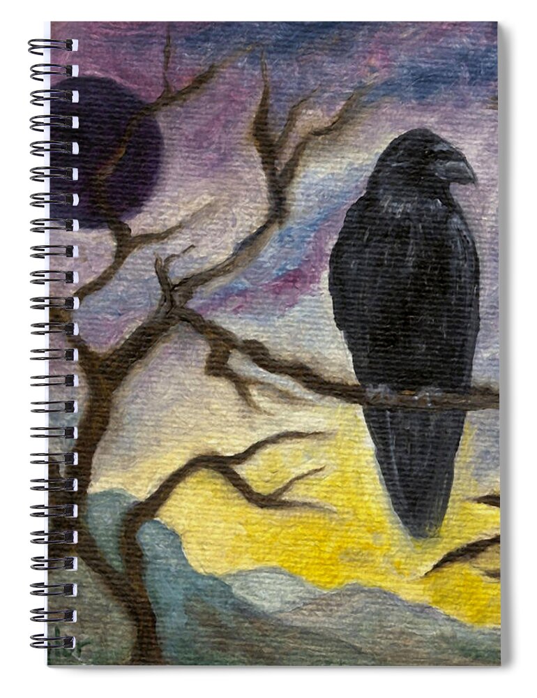 Moon Spiral Notebook featuring the painting Winter Moon Raven by FT McKinstry