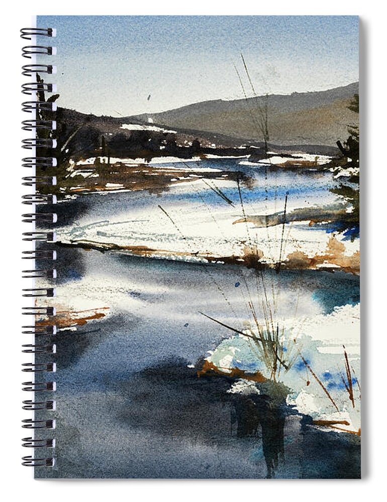 This Is One Of My Favorite Spots In Old Forge Ny. It's The View From Green Bridge Of The Moose River. I've Painted It In Every Season. This Is Actually April Spiral Notebook featuring the painting Winter Moose by Judith Levins