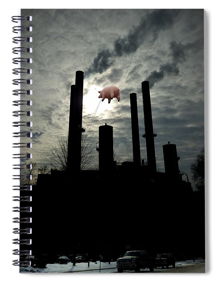 Pig Spiral Notebook featuring the photograph Winter Smokestacks With Pig by Tim Nyberg
