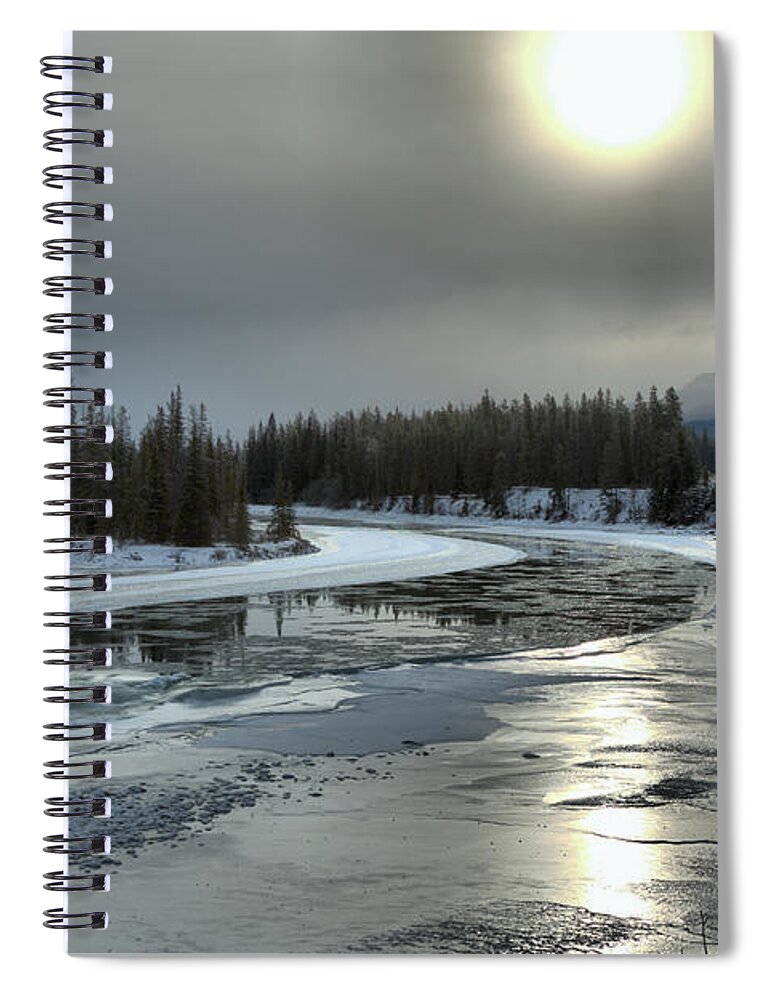 Jasper National Park Spiral Notebook featuring the photograph Winter Sun Reflections Over The Athabasca by Adam Jewell