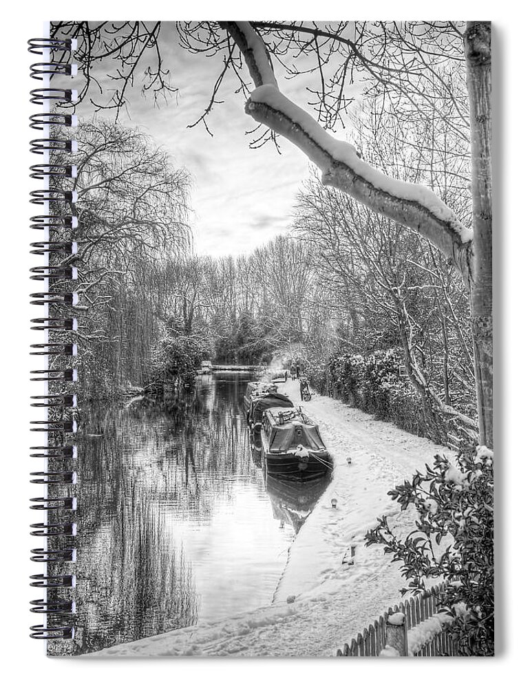 Black And White Landscape Spiral Notebook featuring the photograph Winter Sunset On The River in Black and White by Gill Billington
