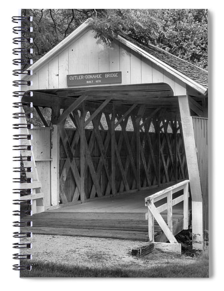 Cutler Donahoe Covered Bridge Spiral Notebook featuring the photograph Winterset Iowa Covered Bridge Black And White by Adam Jewell