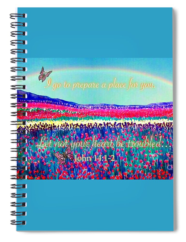 Christian Bereavement Or Sympathy Card Scripture John 14:1-2 Field Of Flowers Tulips Multi-colored With Smokey Blue Purple Mountains In Background Rainbow Overhead With Butterflies Flying Spiritual Or Religious Work Acrylic With Digital Effects Or Enhancement Spiral Notebook featuring the painting Wishing You the Sunshine of Tomorrow Bereavement Card by Kimberlee Baxter