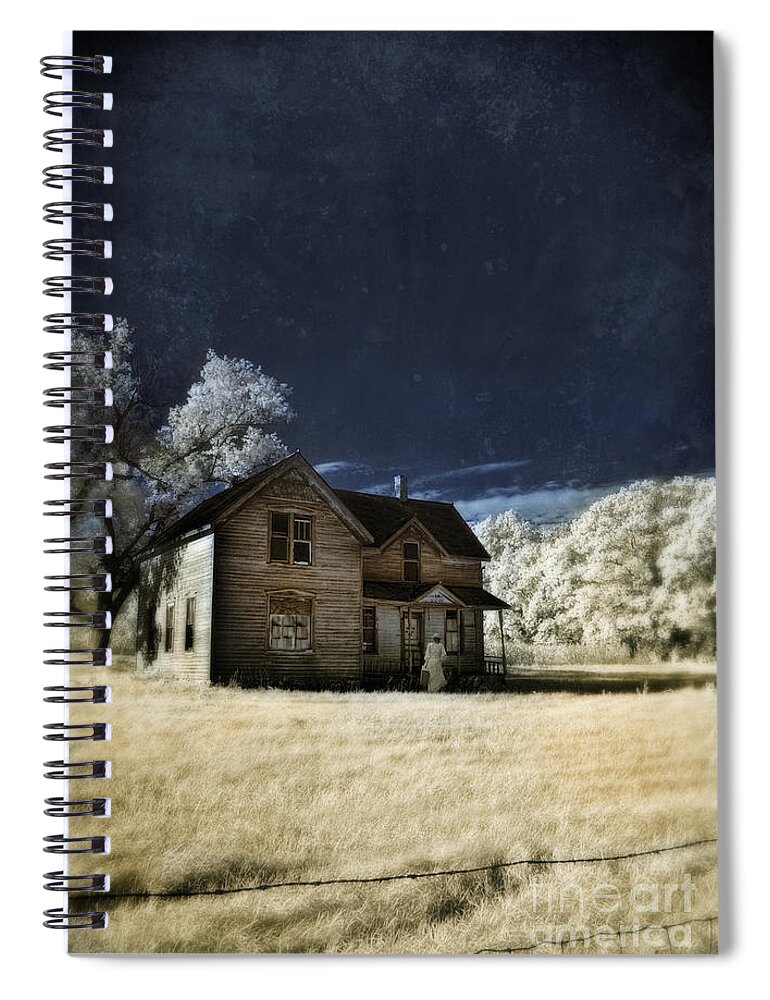 House Spiral Notebook featuring the photograph Woman In Vintage Dress By Old Farmhouse by Jill Battaglia