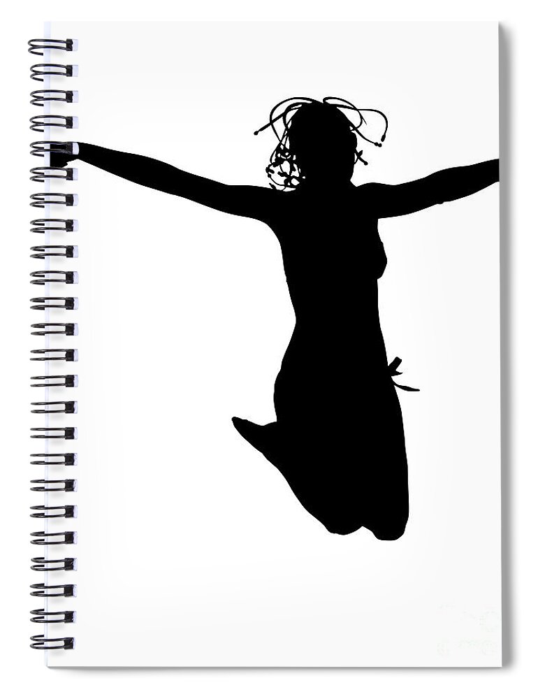 Silhouette Spiral Notebook featuring the digital art Woman jumping backlight by Benny Marty
