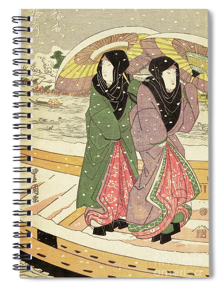 Hiroshige Spiral Notebook featuring the painting Women Walking over a Bridge in Snow by Hiroshige