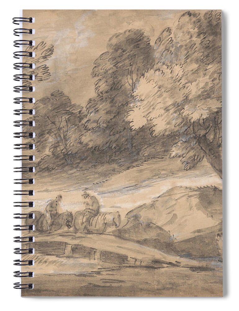 18th Century Art Spiral Notebook featuring the drawing Wooded Landscape with Figures on Horseback Crossing a Bridge by Thomas Gainsborough
