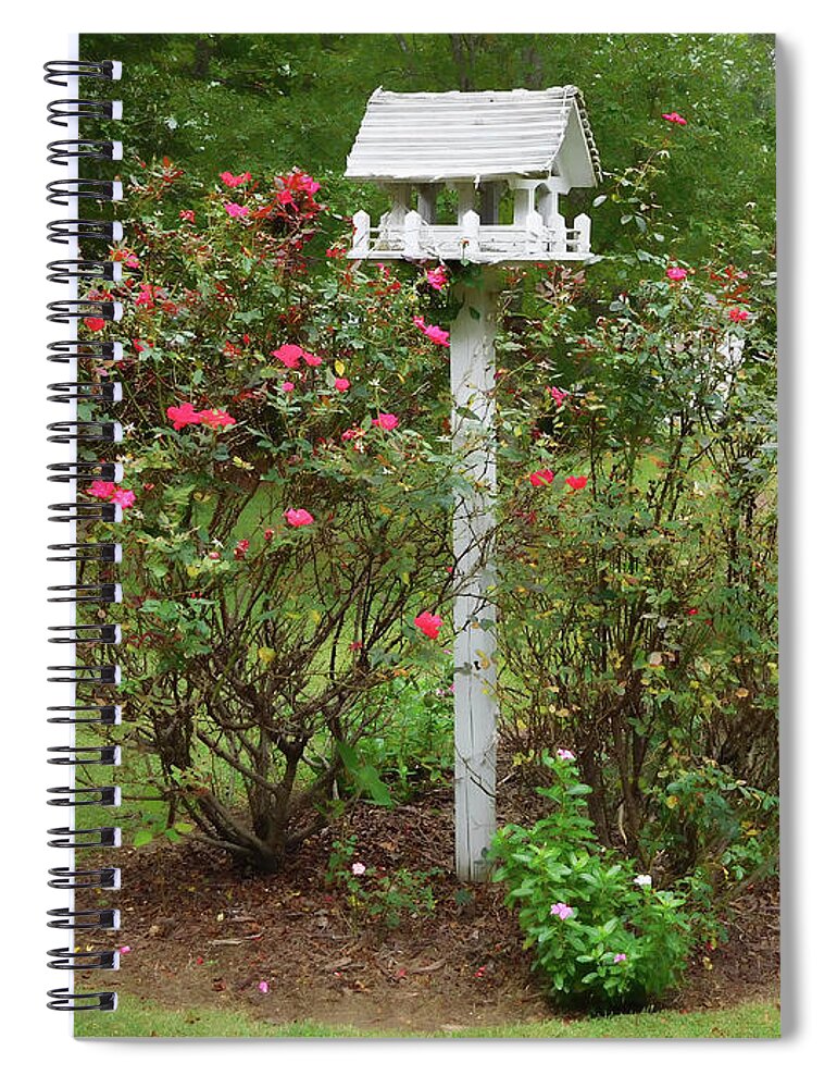 Wooden Bird House On A Pole Spiral Notebook featuring the painting Wooden bird house on a pole 1 by Jeelan Clark
