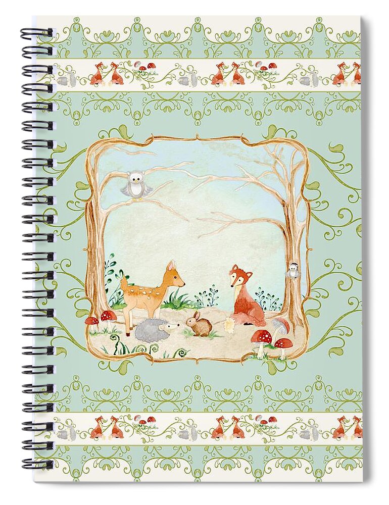 Wood Spiral Notebook featuring the painting Woodland Fairy Tale - Aqua Blue Forest Gathering of Woodland Animals by Audrey Jeanne Roberts