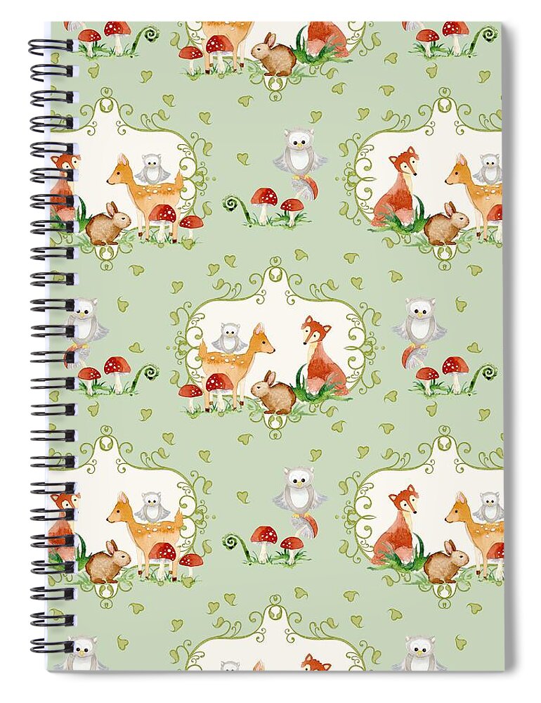 Trendy Spiral Notebook featuring the painting Woodland Fairy Tale - Mint Green Sweet Animals Fox Deer Rabbit owl - Half Drop Repeat by Audrey Jeanne Roberts