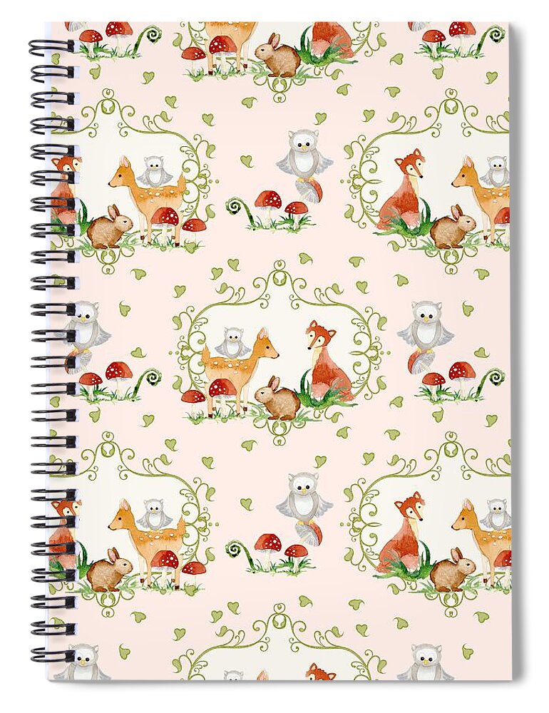 Blush Pink Spiral Notebook featuring the painting Woodland Fairy Tale - Pink Sweet Animals Fox Deer Rabbit owl - Half Drop Repeat by Audrey Jeanne Roberts