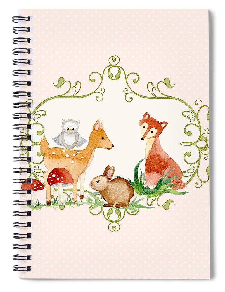 Woodland Spiral Notebook featuring the painting Woodland Fairytale - Animals Deer Owl Fox Bunny n Mushrooms by Audrey Jeanne Roberts