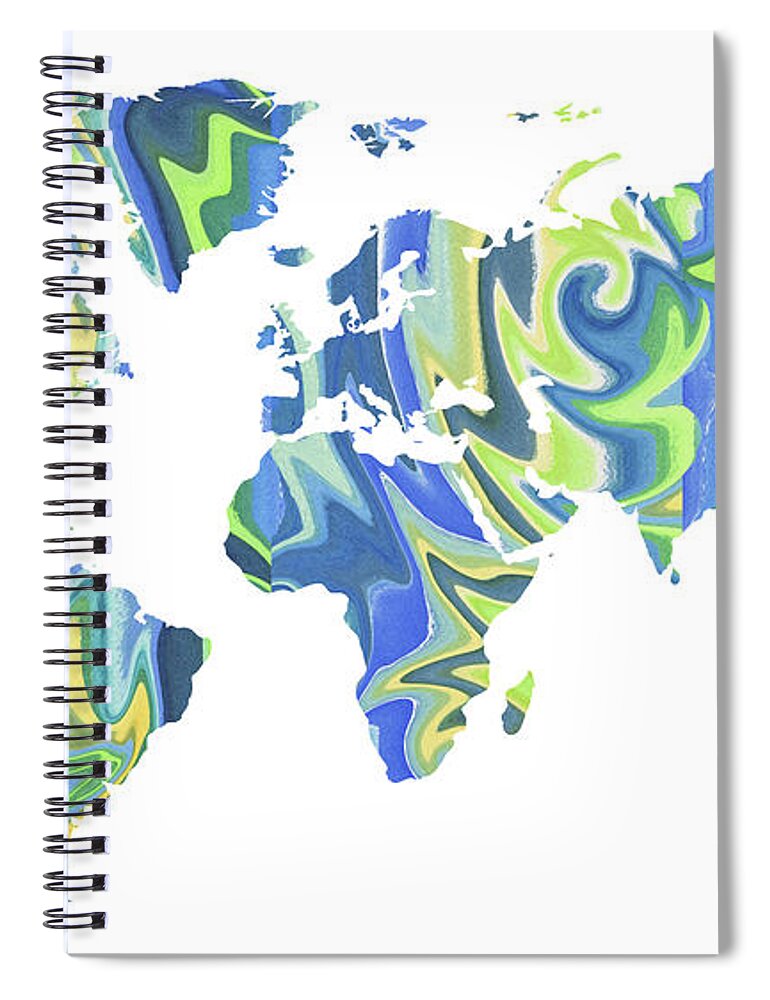 World Spiral Notebook featuring the painting World Map Organic Blue by Irina Sztukowski