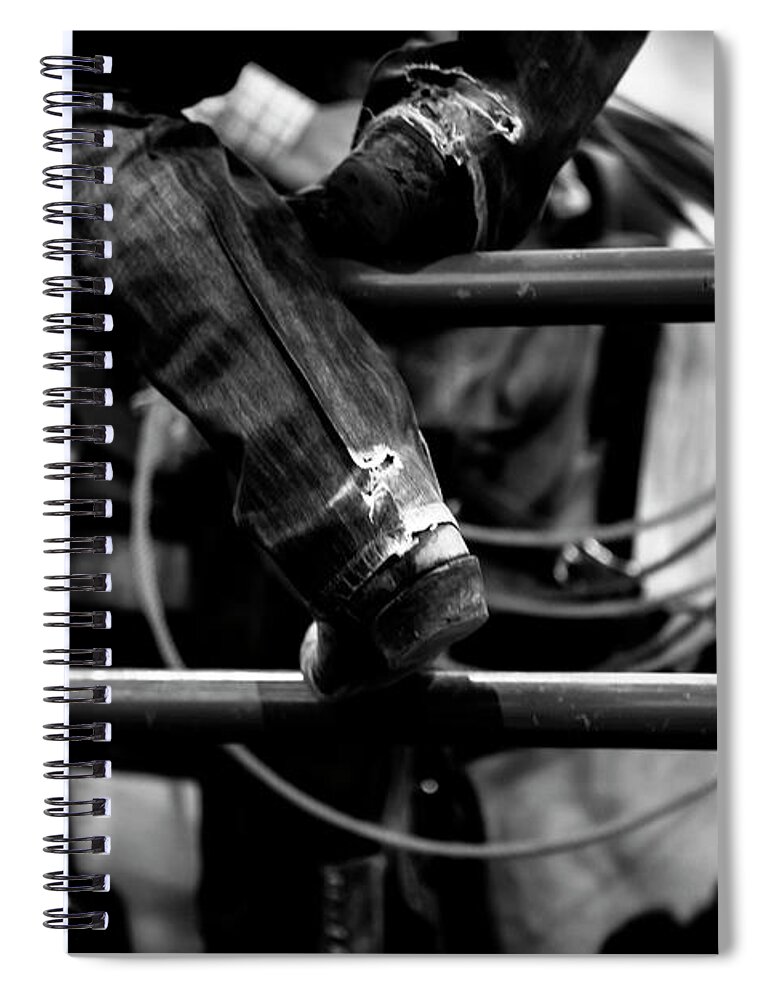 Cowboy Spiral Notebook featuring the photograph Worn Denim and Boots in black and white by Toni Hopper