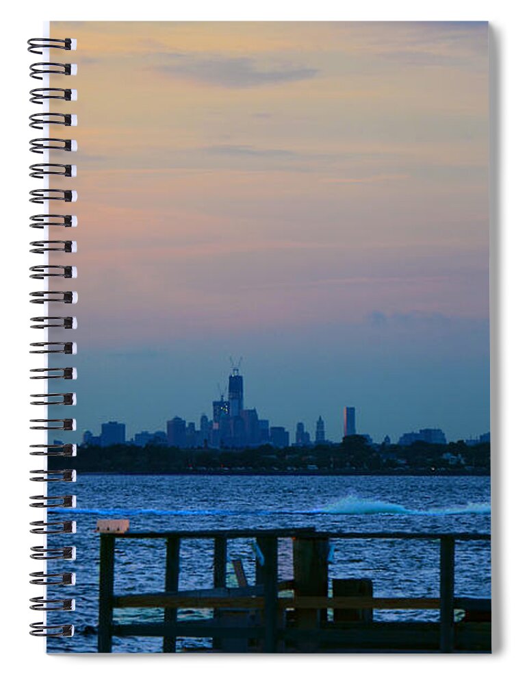 Wtc Spiral Notebook featuring the photograph WTC over Jamaica Bay from Rockaway Point Pier by Maureen E Ritter