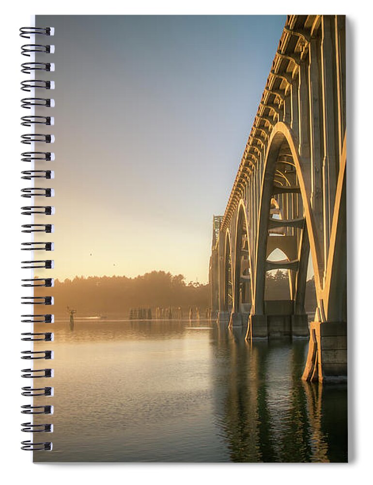 Architecture Spiral Notebook featuring the photograph Yaquina Bay Bridge - Golden Light 0634 by Kristina Rinell