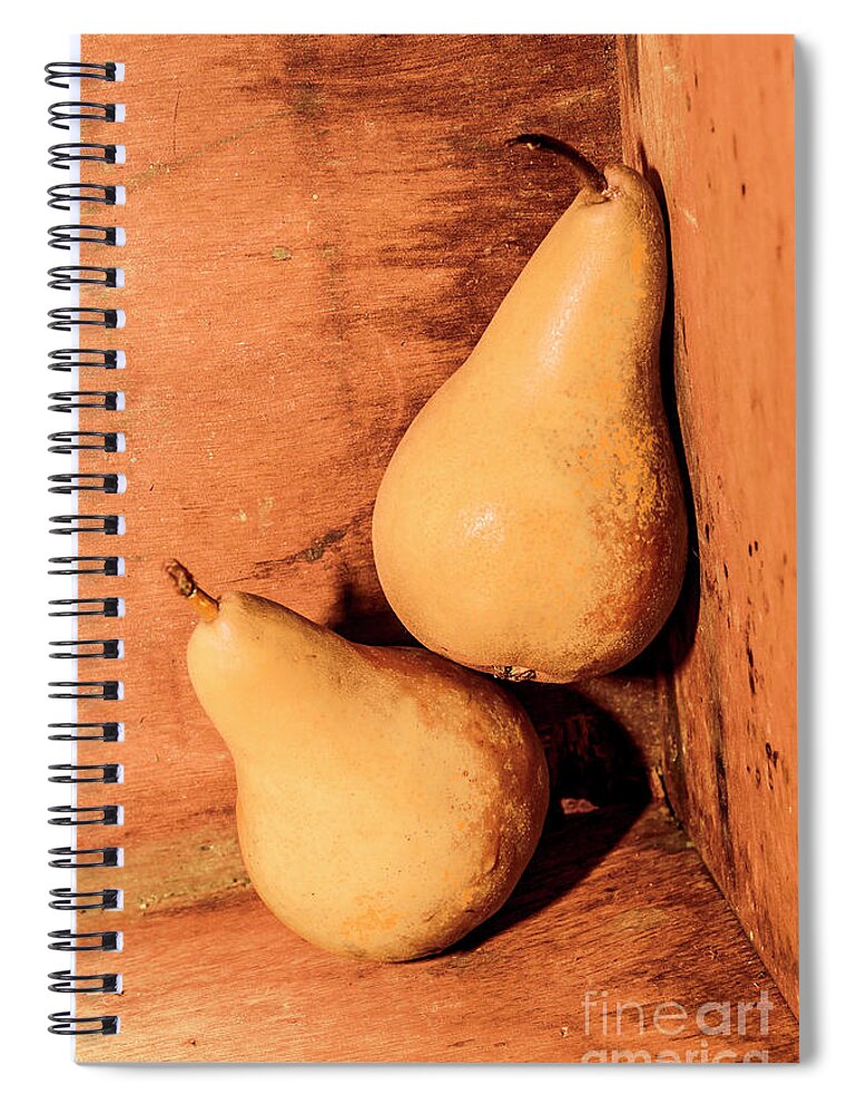 Pear Spiral Notebook featuring the photograph Yellow colored pears on wooden background by Jorgo Photography
