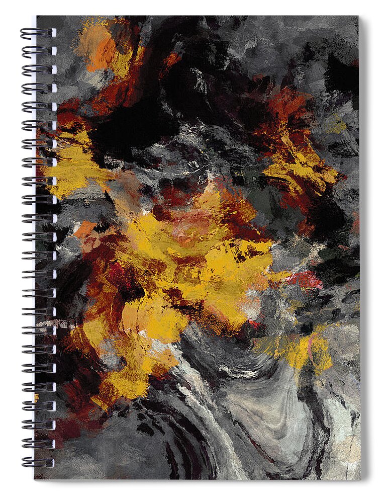 Abstract Spiral Notebook featuring the painting Yellow / Golden Abstract / Surrealist Landscape Painting by Inspirowl Design