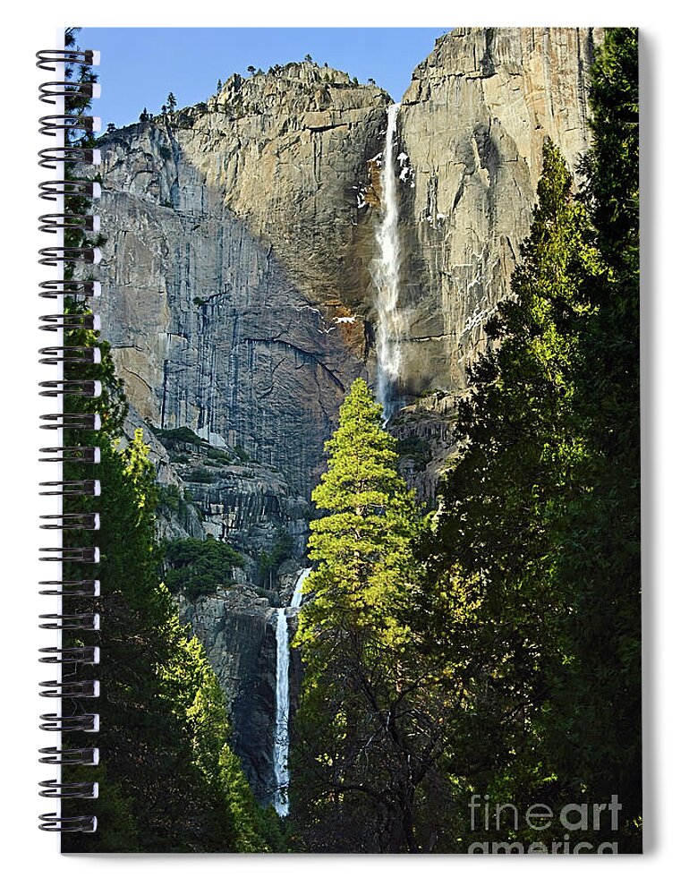 Yosemite Falls Spiral Notebook featuring the photograph Yosemite Falls with late afternoon light in Yosemite National Park. by Jamie Pham