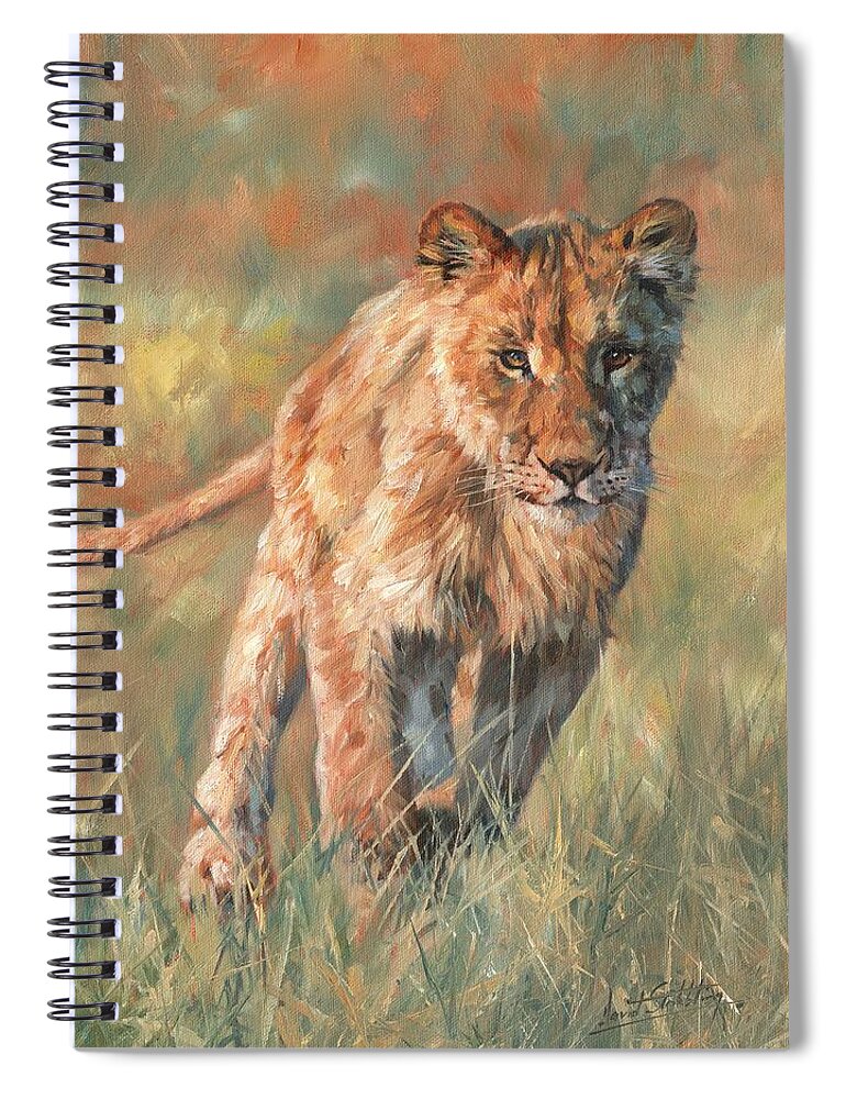 Lion Spiral Notebook featuring the painting Youn Lion by David Stribbling