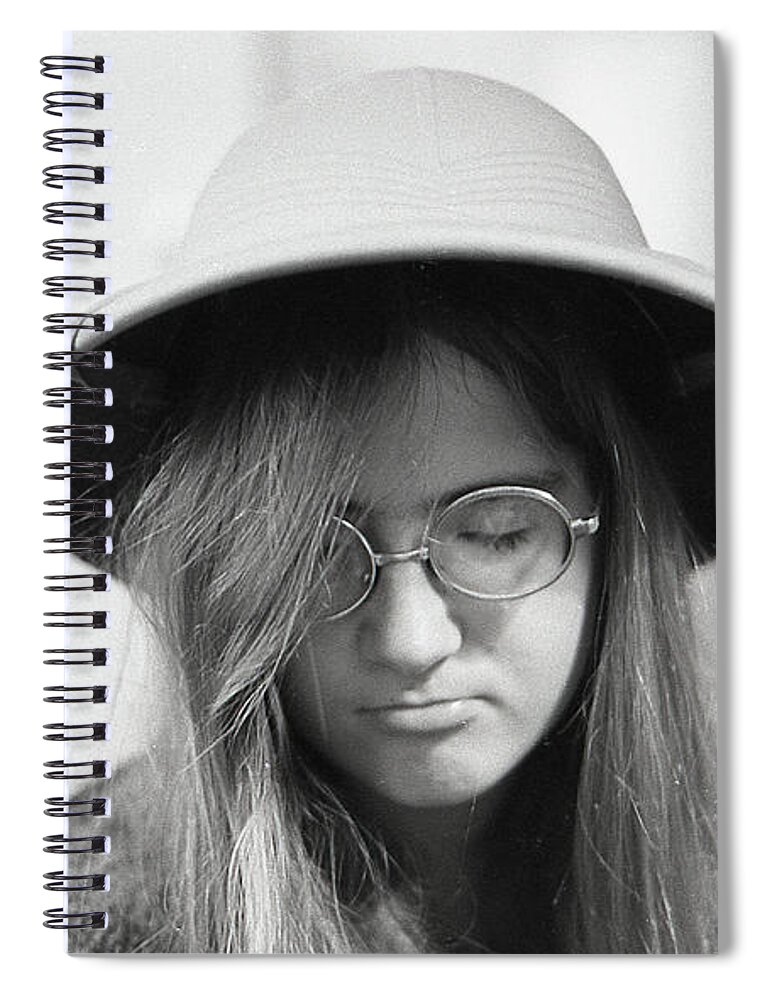 Pith Helmet Spiral Notebook featuring the photograph Young Woman with Long Hair, Wearing a Pith Helmet, 1972 by Jeremy Butler