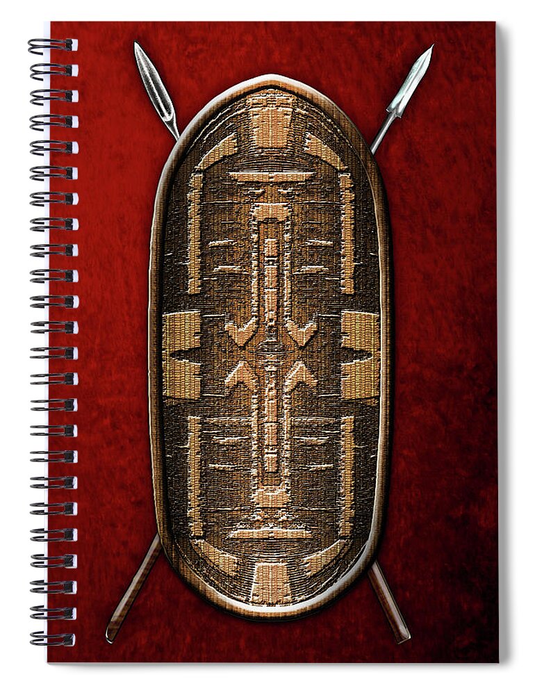 'war Shields' Collection By Serge Averbukh Spiral Notebook featuring the digital art Zande War Shield with Spears on Red Velvet by Serge Averbukh