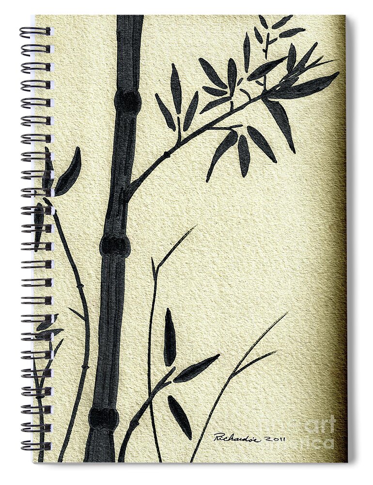 Abstract Spiral Notebook featuring the mixed media Zen Sumi Antique Bamboo 1a Black Ink on Fine Art Watercolor Paper by Ricardos by Ricardos Creations