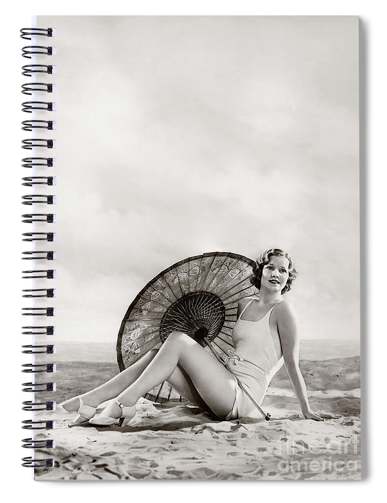 Ziegfeld Spiral Notebook featuring the photograph Ziegfeld Model sun bathing on the beach by Alfred Cheney Johnston by Vintage Collectables