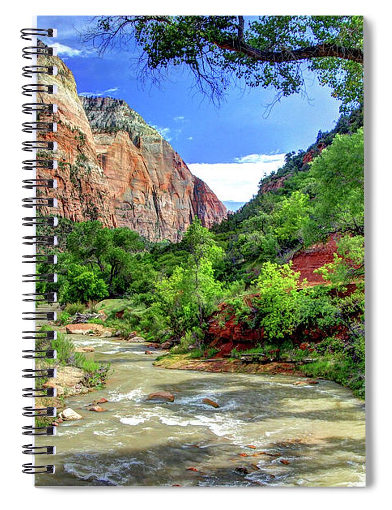 Zion Spiral Notebook featuring the photograph Zion N P # 43 - Virgin River and The Watchman by Allen Beatty