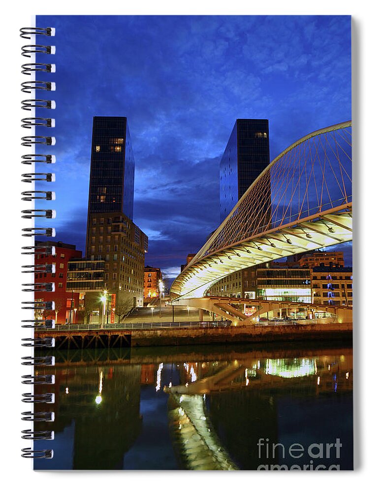 Bilbao Spiral Notebook featuring the photograph Zubizuri or Campo Volantin Bridge at Blue Hour Bilbao by James Brunker