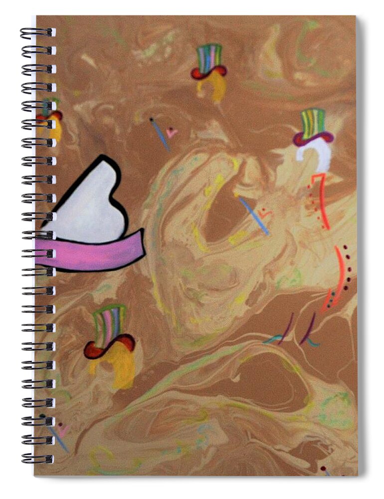 A Chorus-line Top Hats Music Dancing Piano Dancers Patterns Brown Background Green White Yellow Blonde Pink Batons Black Spiral Notebook featuring the painting A Chorus Line #1 by David MINTZ