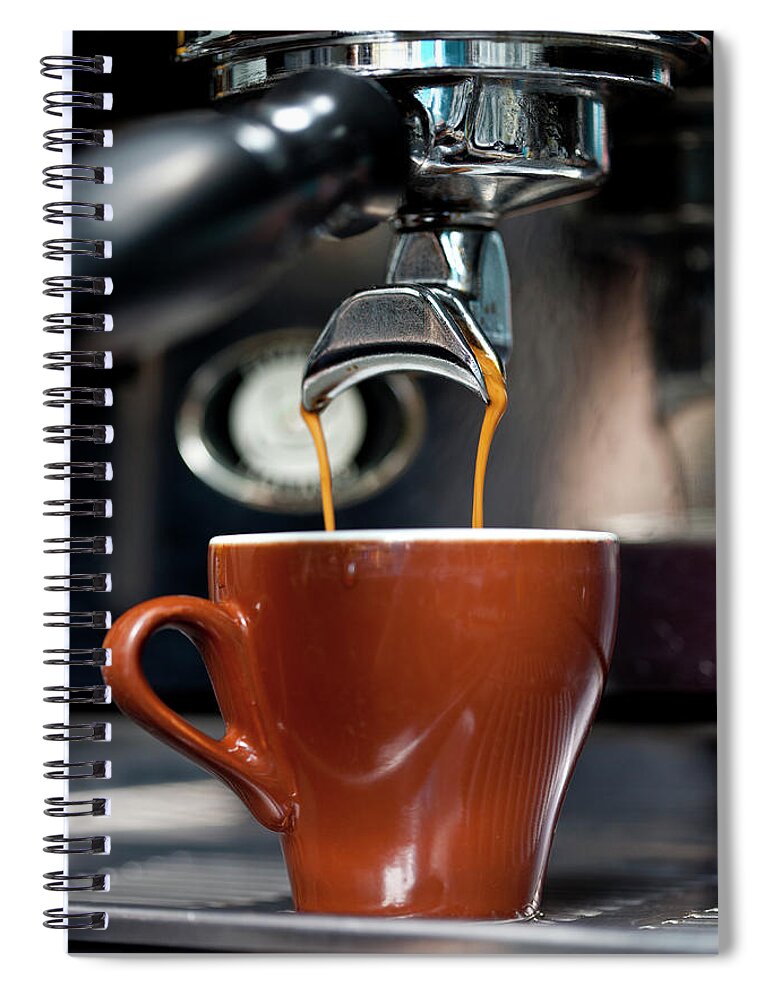 Berlin Spiral Notebook featuring the photograph A Double Shot Of Espresso Being Poured #1 by Halfdark