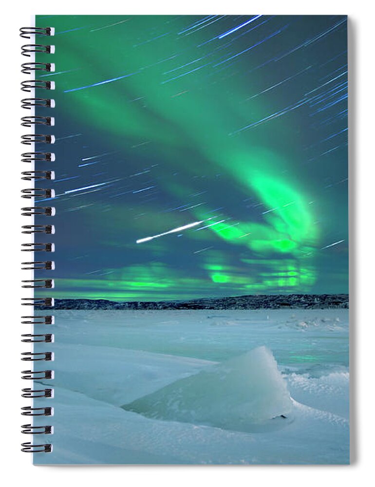 Snow Spiral Notebook featuring the photograph Aurora Borealis Over Snowy Landscape #1 by Sara winter