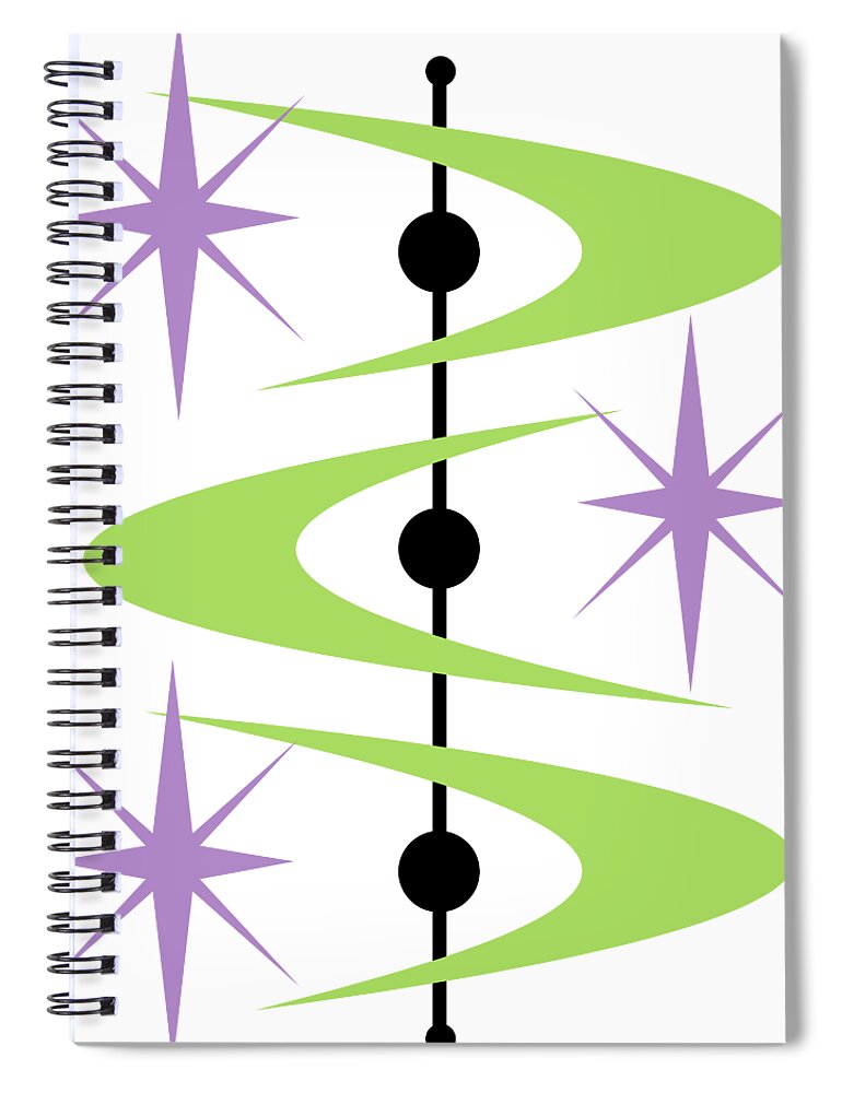 Mid Century Modern Spiral Notebook featuring the digital art Boomerangs and Stars #3 by Donna Mibus