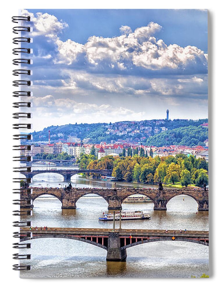 River Spiral Notebook featuring the photograph Bridge and rooftops of Prague #6 by Vivida Photo PC