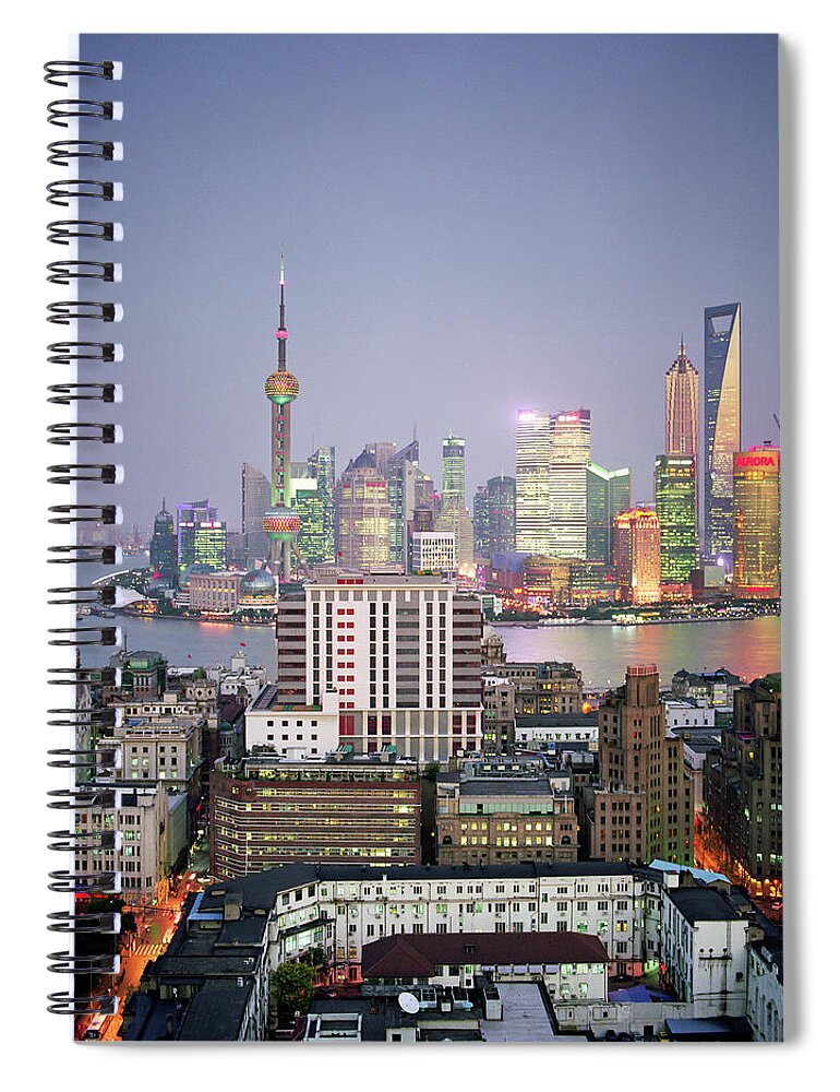 Scenics Spiral Notebook featuring the photograph China, Shanghai Skyline And Financial #1 by Martin Puddy