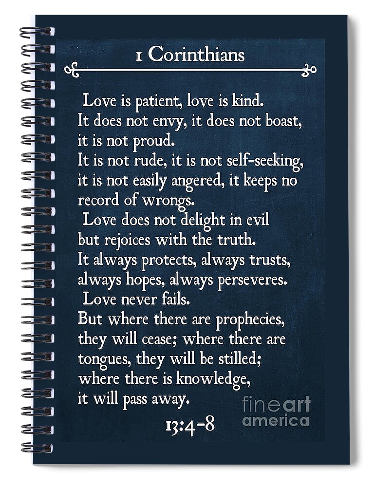 1 Corinthians Spiral Notebook featuring the painting 1 Corinthians 13 4-8- Inspirational Quotes Wall Art Collection by Mark Lawrence